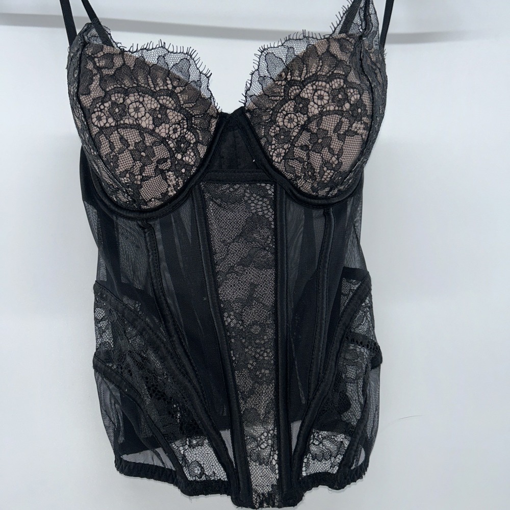 VICTORIA'S‎ SECRET Black Mesh & Lace Corset Bustier Long Line Bra Sexy Top 32D